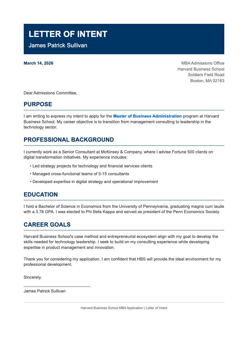 Corporate standard letter of intent